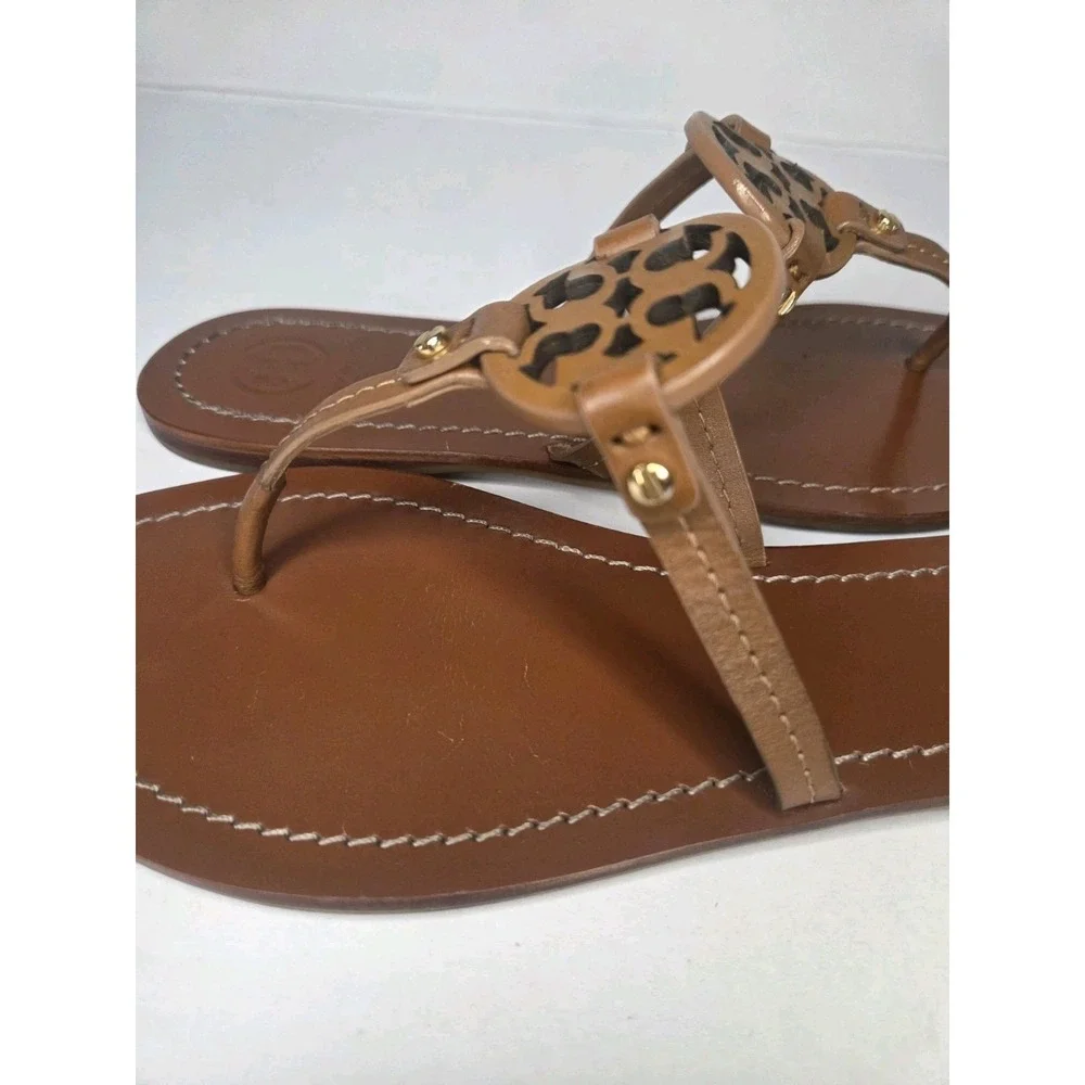 Tory Burch Miller Leather Thong Sandals Tan Brown Double T Logo Flat Women's 7.5